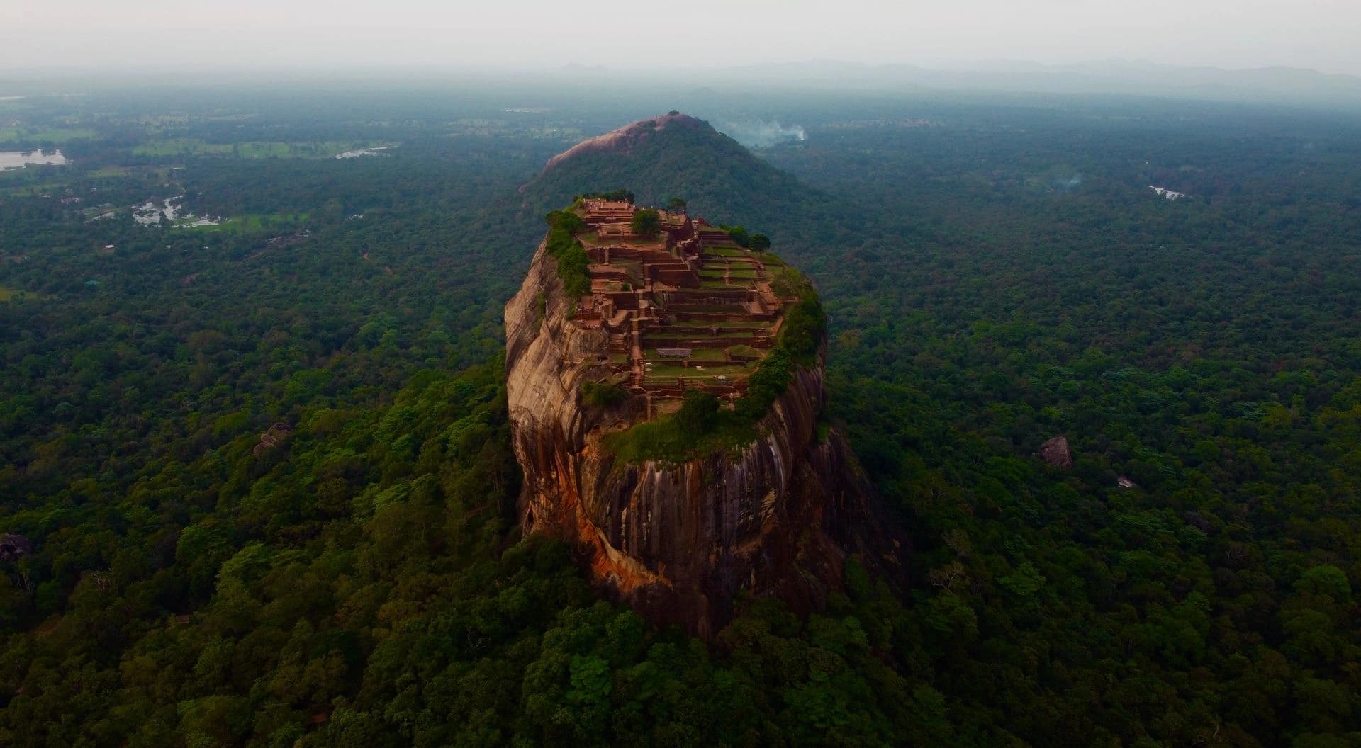 Sigiriya rock fortress viewed across village paddy fields, Sri Lanka